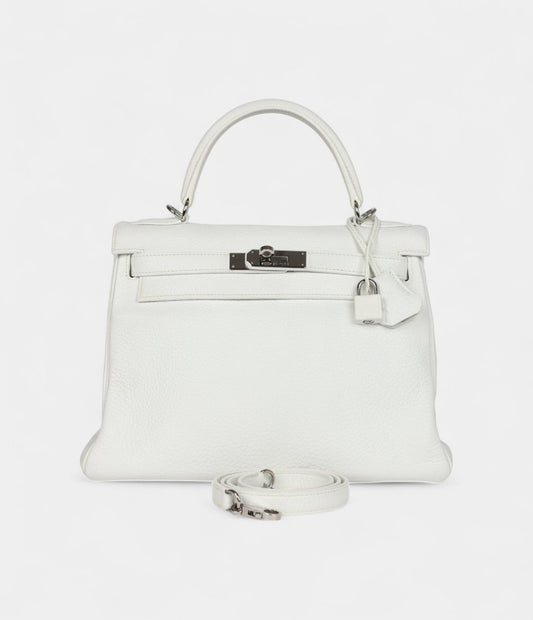 Hermes Kelly 28 White Clemence Palladium Hardware