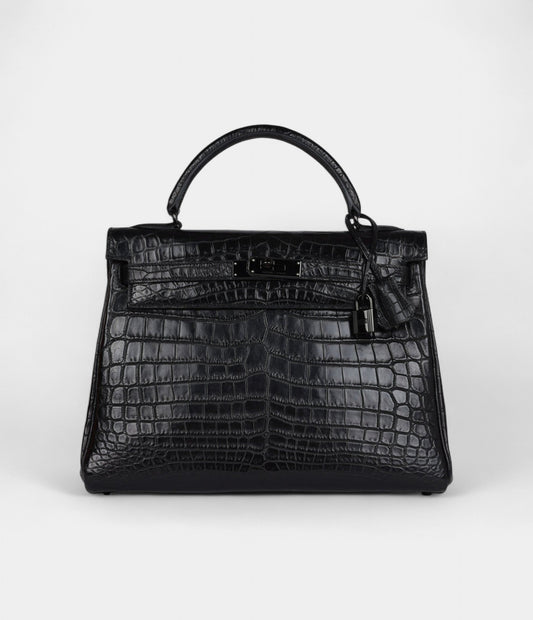 Hermes Kelly 32 Black Matte Niloticus Crocodile Black Hardware