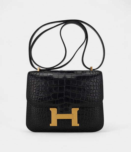 Hermes Mini Constance 18 Bag Black Matte Alligator with Gold Hardware and Mirror