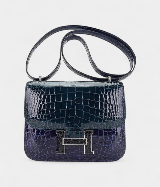 Hermes Mini Constance 18 Bag Tri-Color Blue Sapphire, Vert Rousseau, & Black Alligator with Palladium Hardware