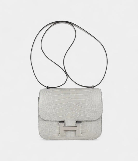 Hermes Mini Constance Bag 18 Gris Perle Matte Alligator with Palladium Hardware