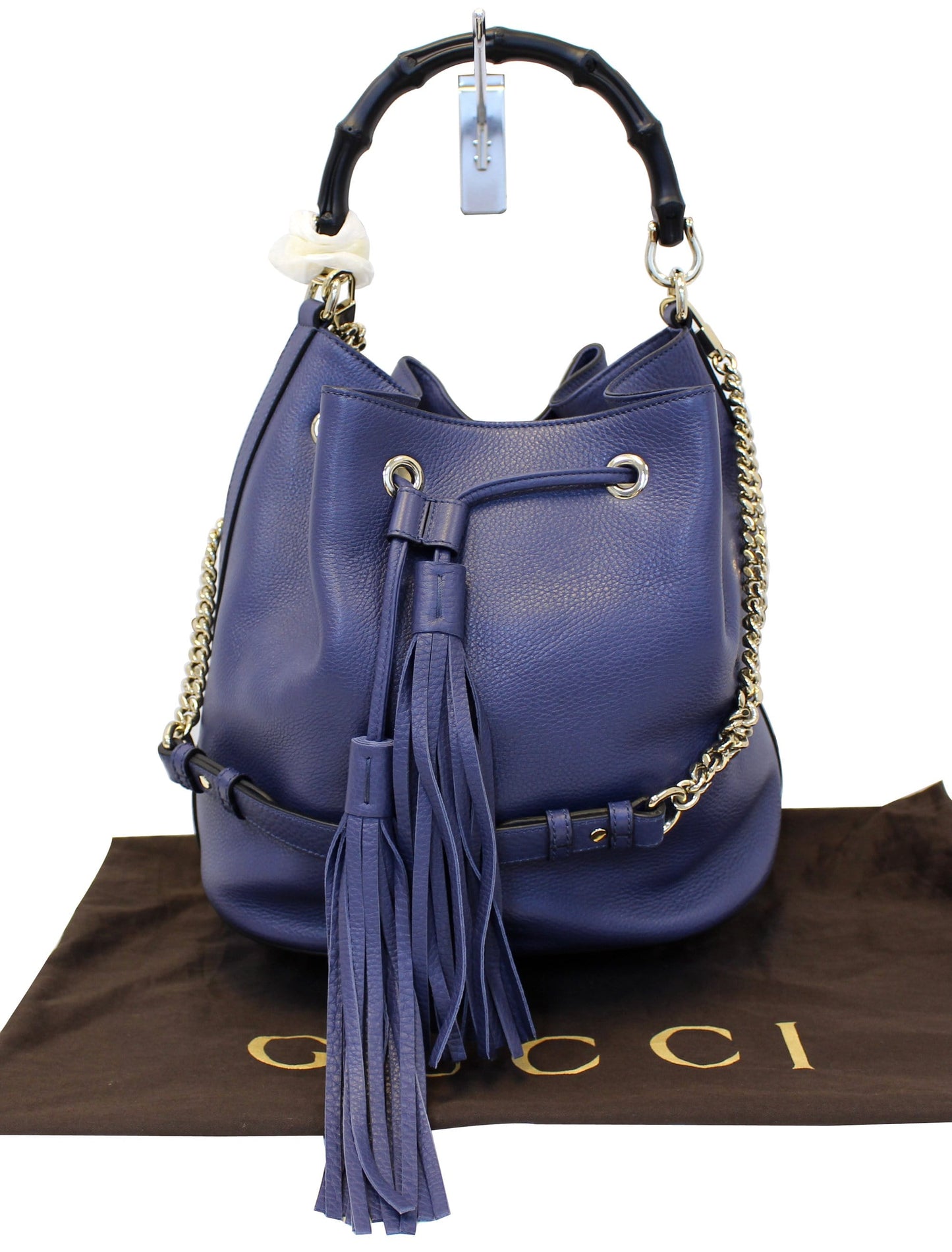 GUCCI Miss Bamboo Medium Blue Leather Bucket Shoulder Handbag