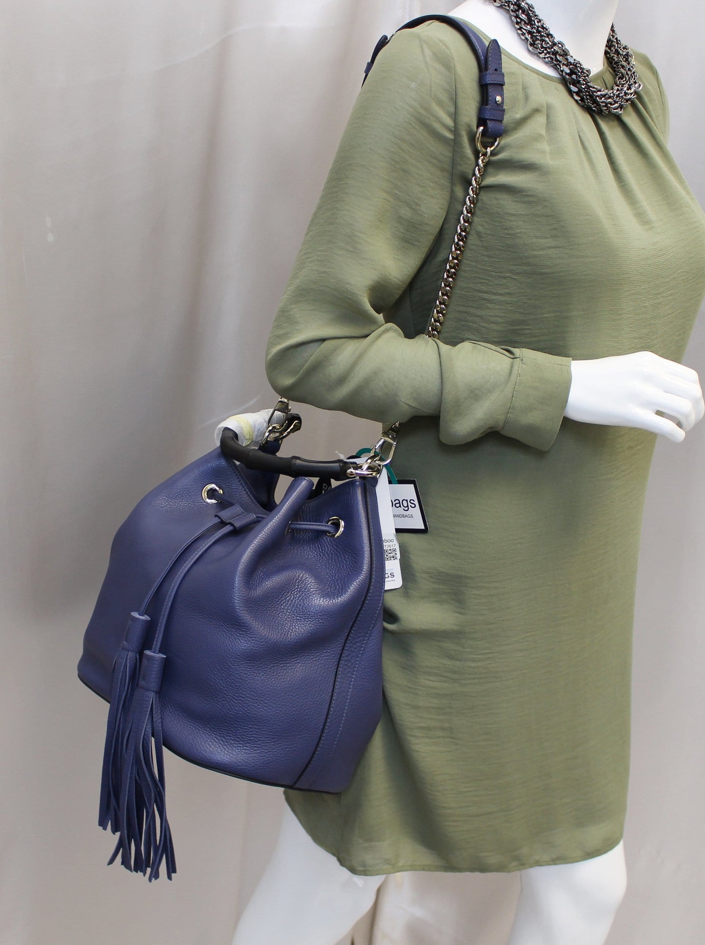 GUCCI Miss Bamboo Medium Blue Leather Bucket Shoulder Handbag