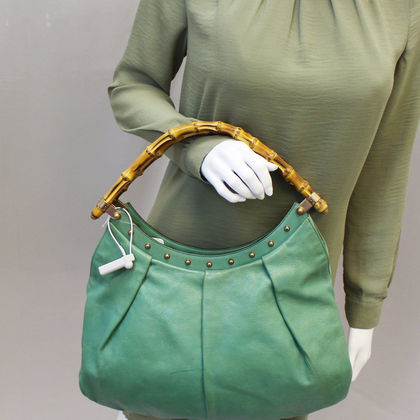 GUCCI Green Leather Bamboo Top Handle Shoulder Bag