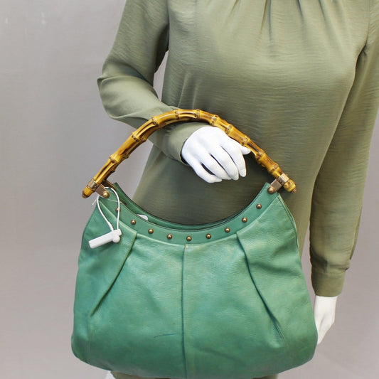 GUCCI Green Leather Bamboo Top Handle Shoulder Bag