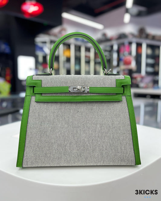 Hermes Kelly 25 Toile Sellier Vert Yucca Swift/Toile PHW