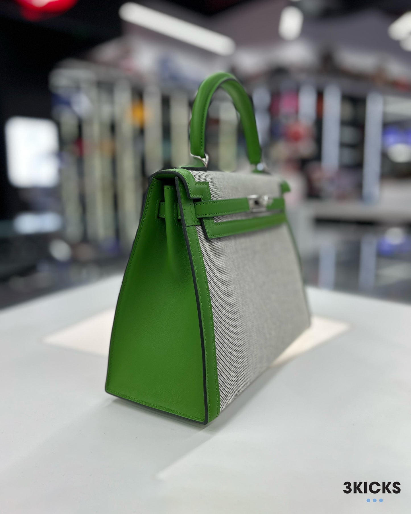 Hermes Kelly 25 Toile Sellier Vert Yucca Swift/Toile PHW