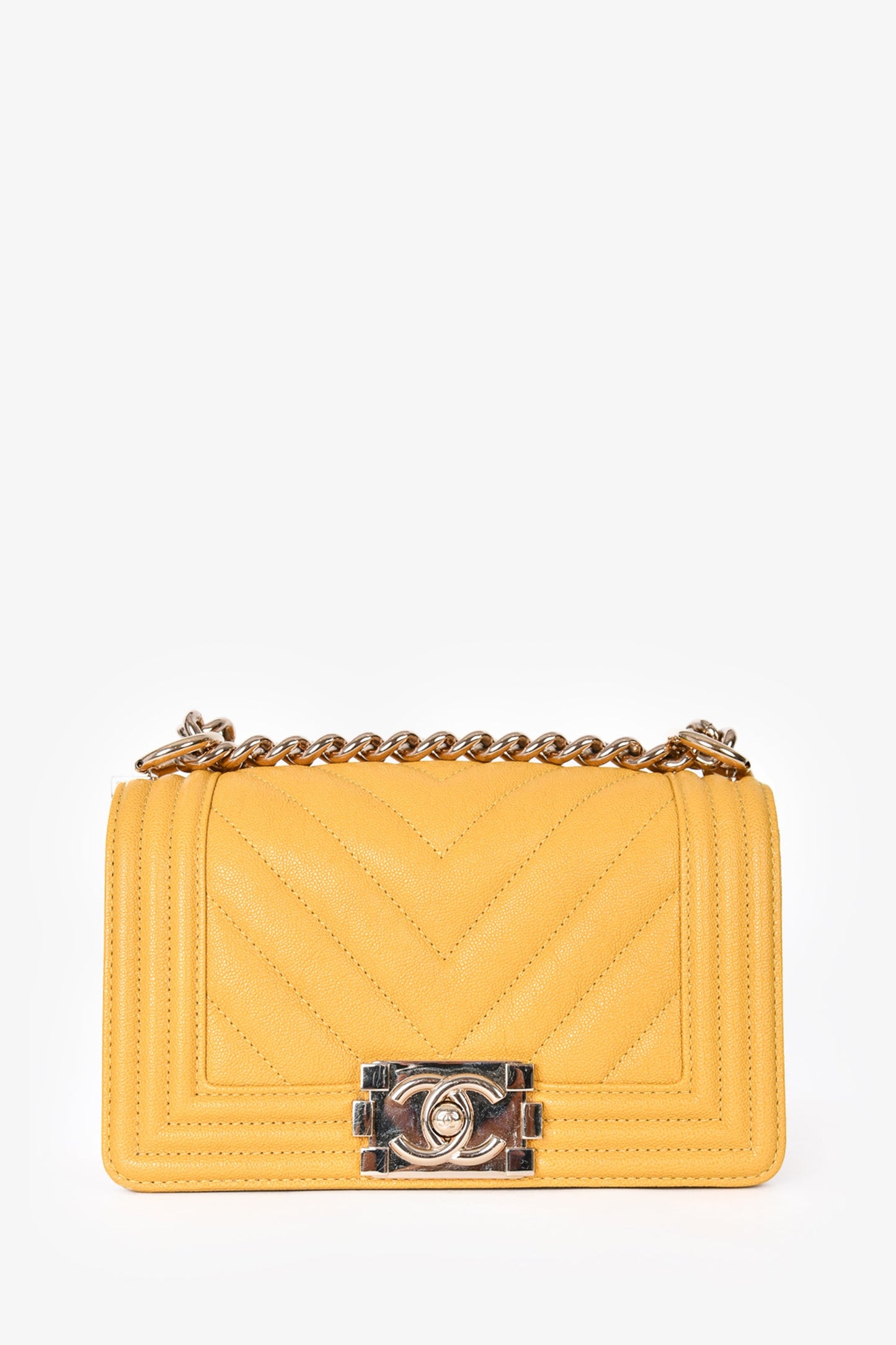 Pre-loved Chanel™ 2019/20 Yellow Caviar Leather Small Boy Bag