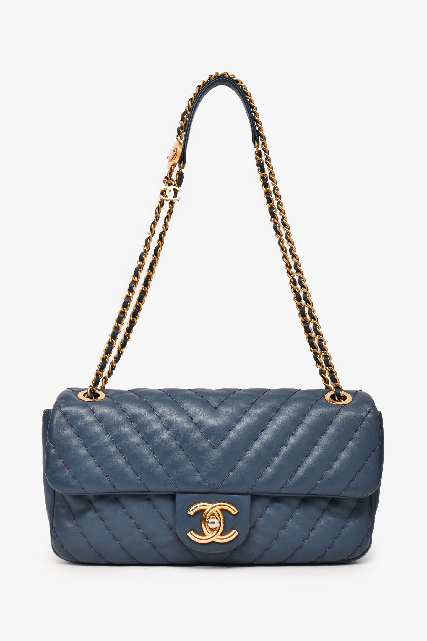 Pre-Loved Chanel™ 2012 Blue Quilted Chevron Single Flap Medallion Charm Chain Bag