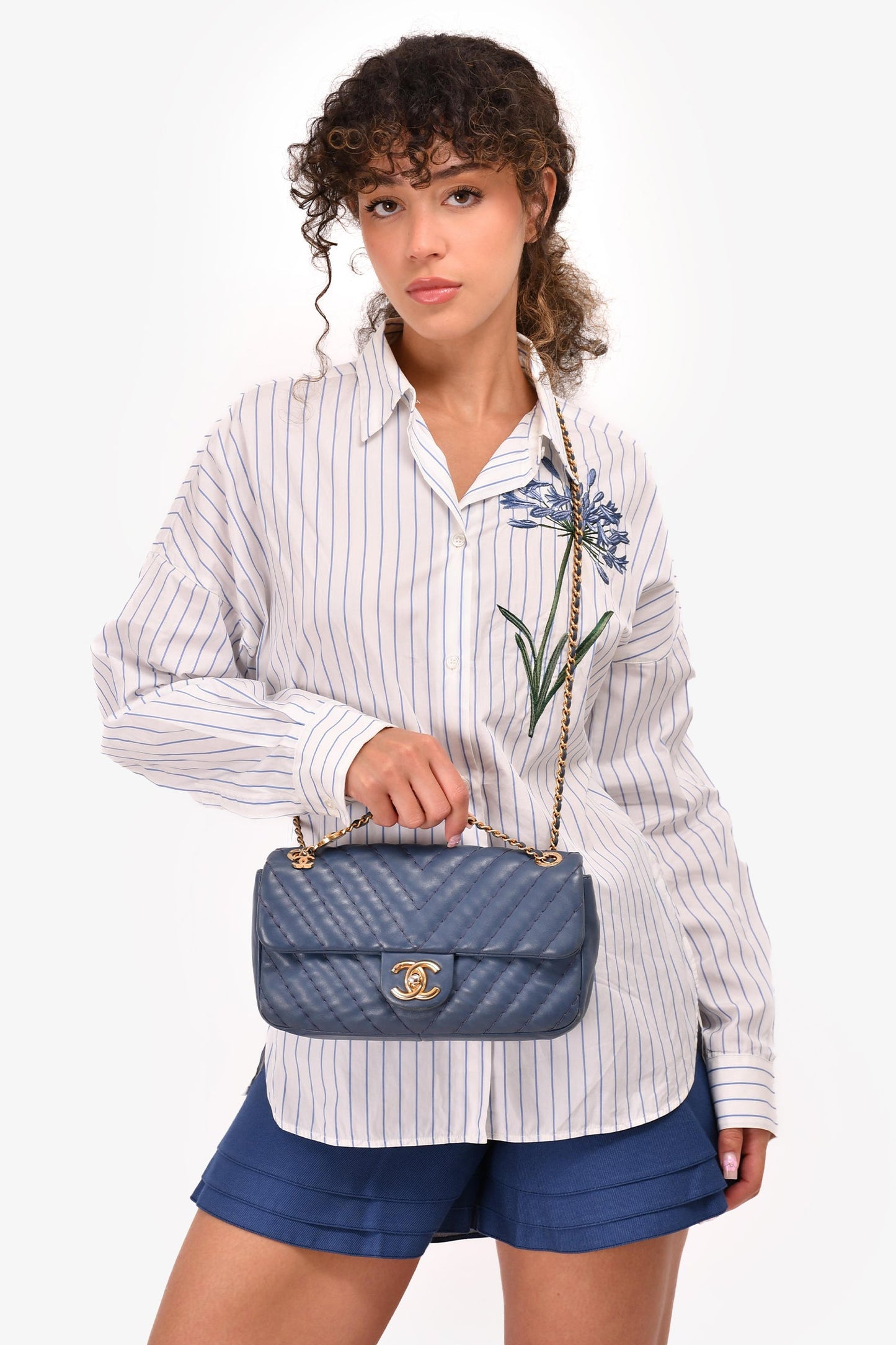 Pre-Loved Chanel™ 2012 Blue Quilted Chevron Single Flap Medallion Charm Chain Bag