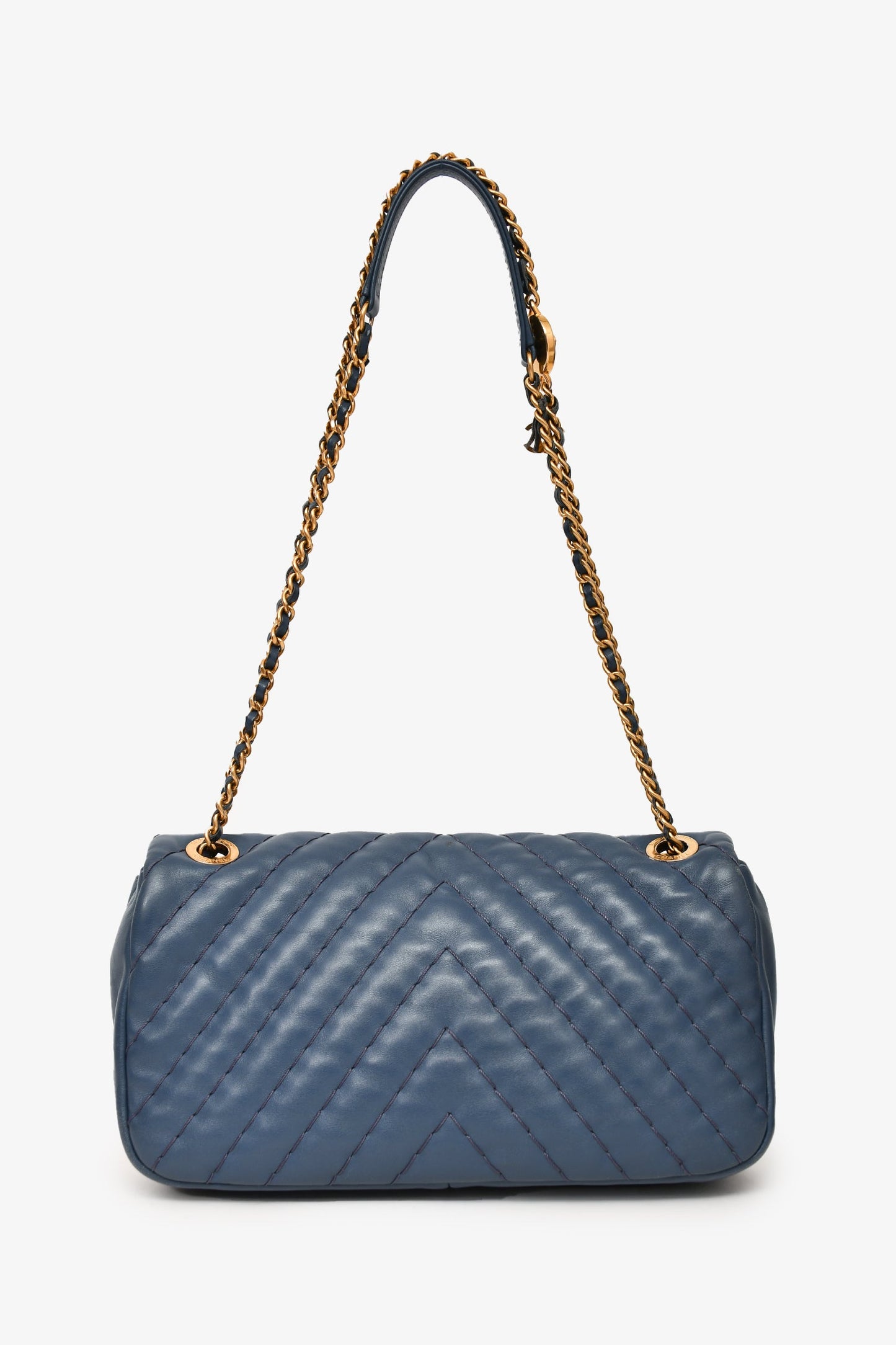 Pre-Loved Chanel™ 2012 Blue Quilted Chevron Single Flap Medallion Charm Chain Bag