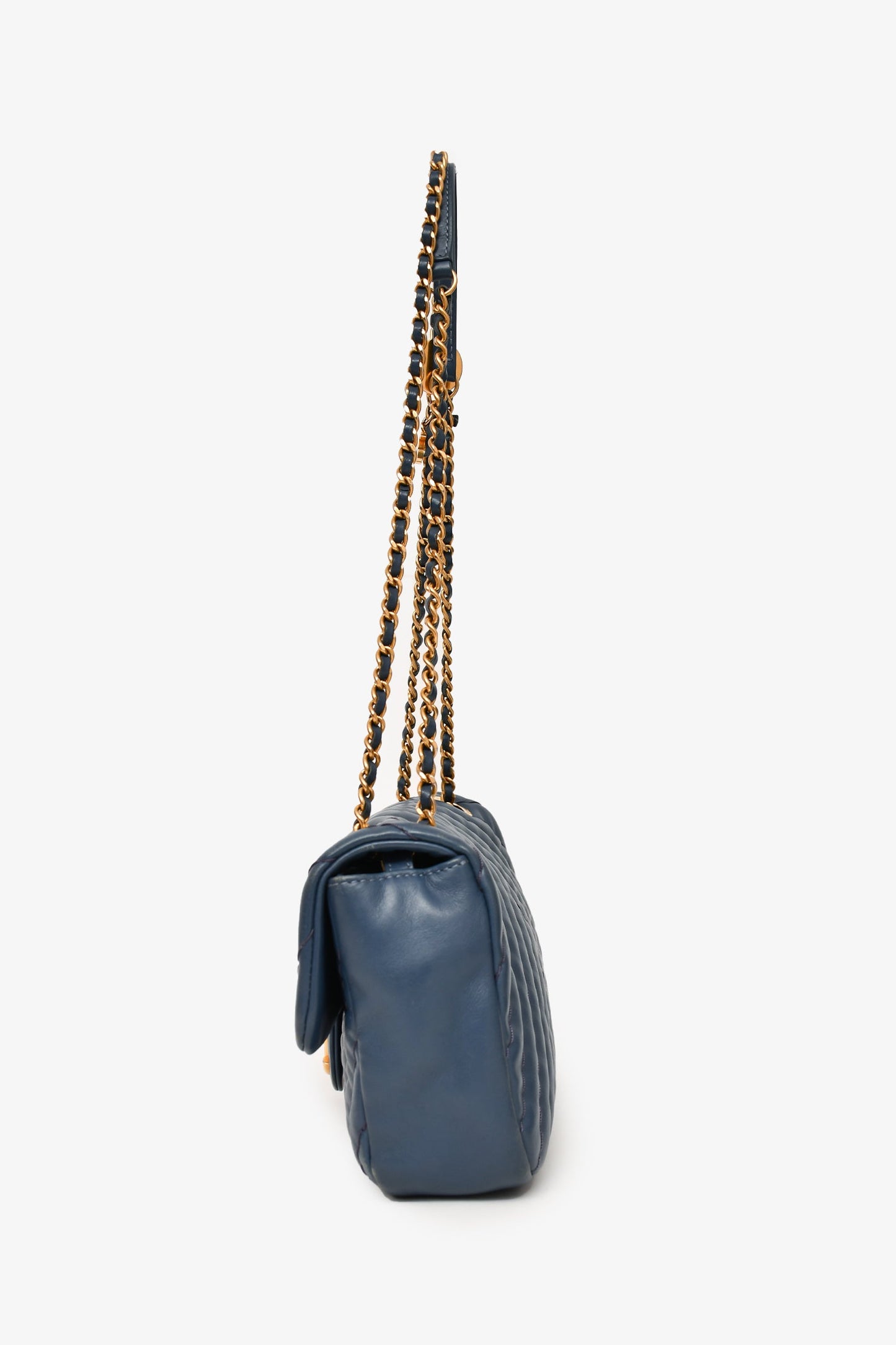 Pre-Loved Chanel™ 2012 Blue Quilted Chevron Single Flap Medallion Charm Chain Bag