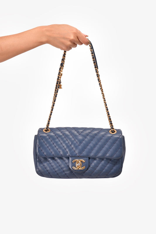 Pre-Loved Chanel™ 2012 Blue Quilted Chevron Single Flap Medallion Charm Chain Bag