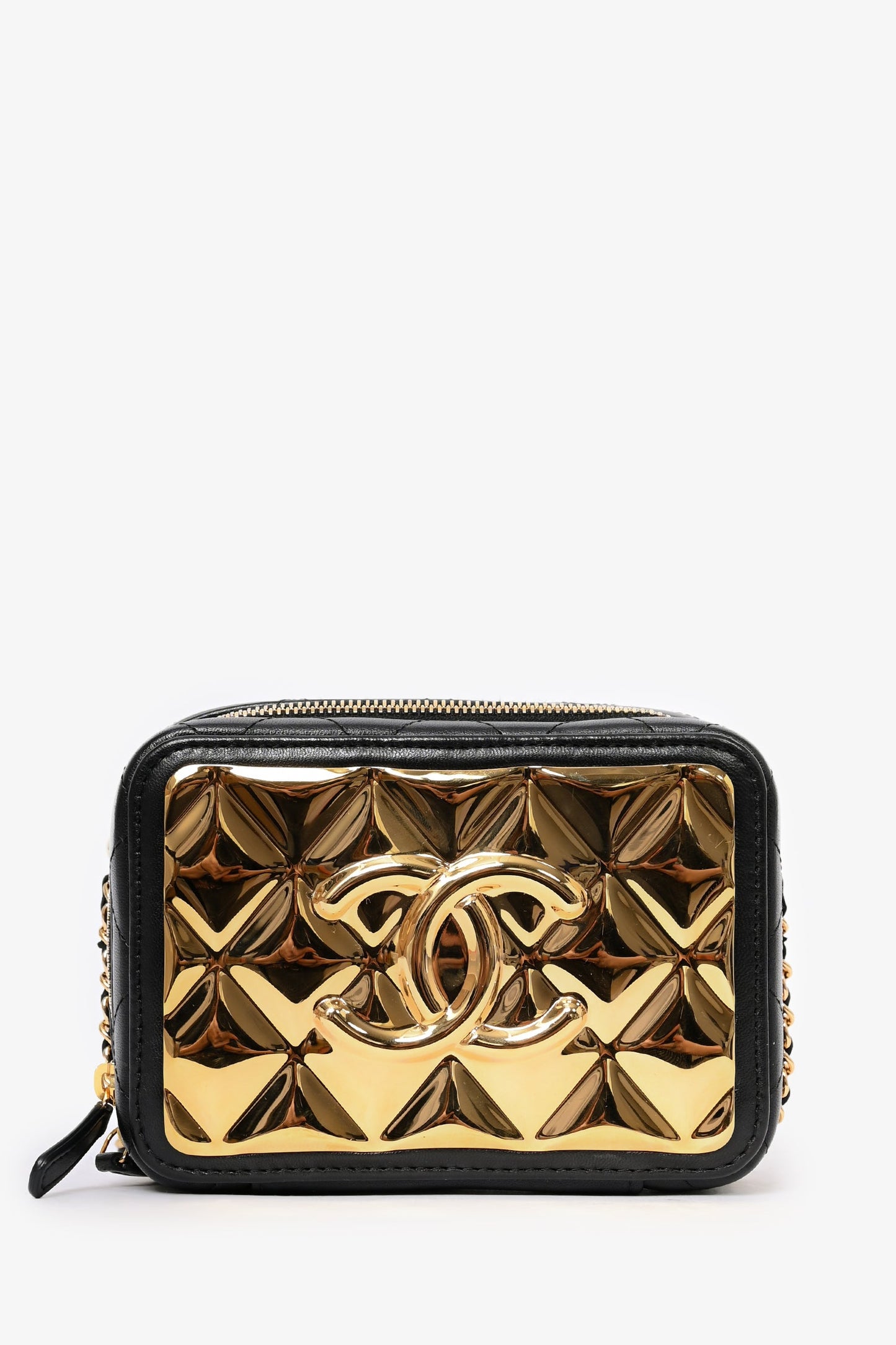 Pre-Loved Chanel™ 2021 Black Leather Gold CC Plate Mini Vanity Crossbody