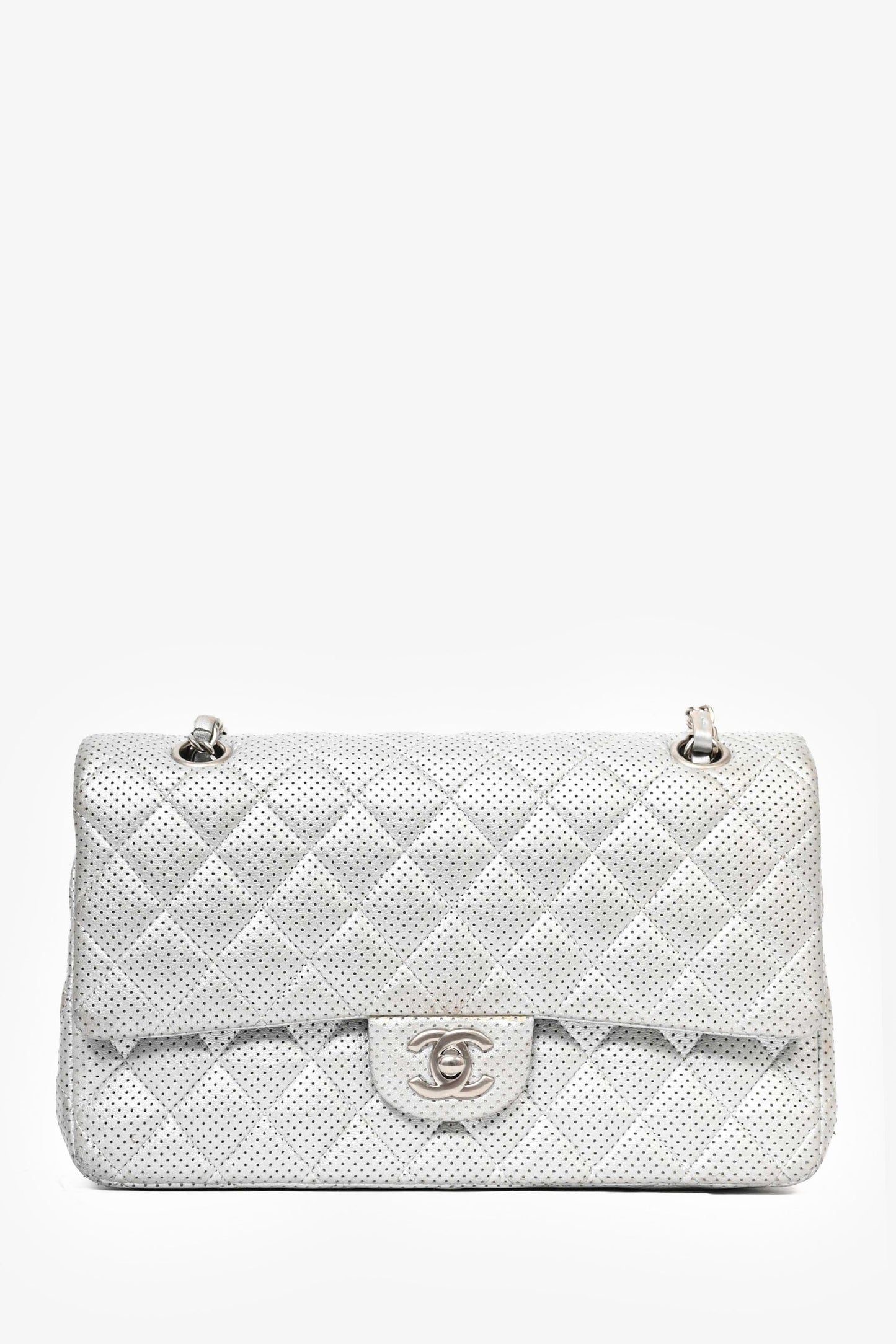 Pre-Loved Chanel™ 2014 Silver Perforated Leather Medium Double Flap Shoulder Bag