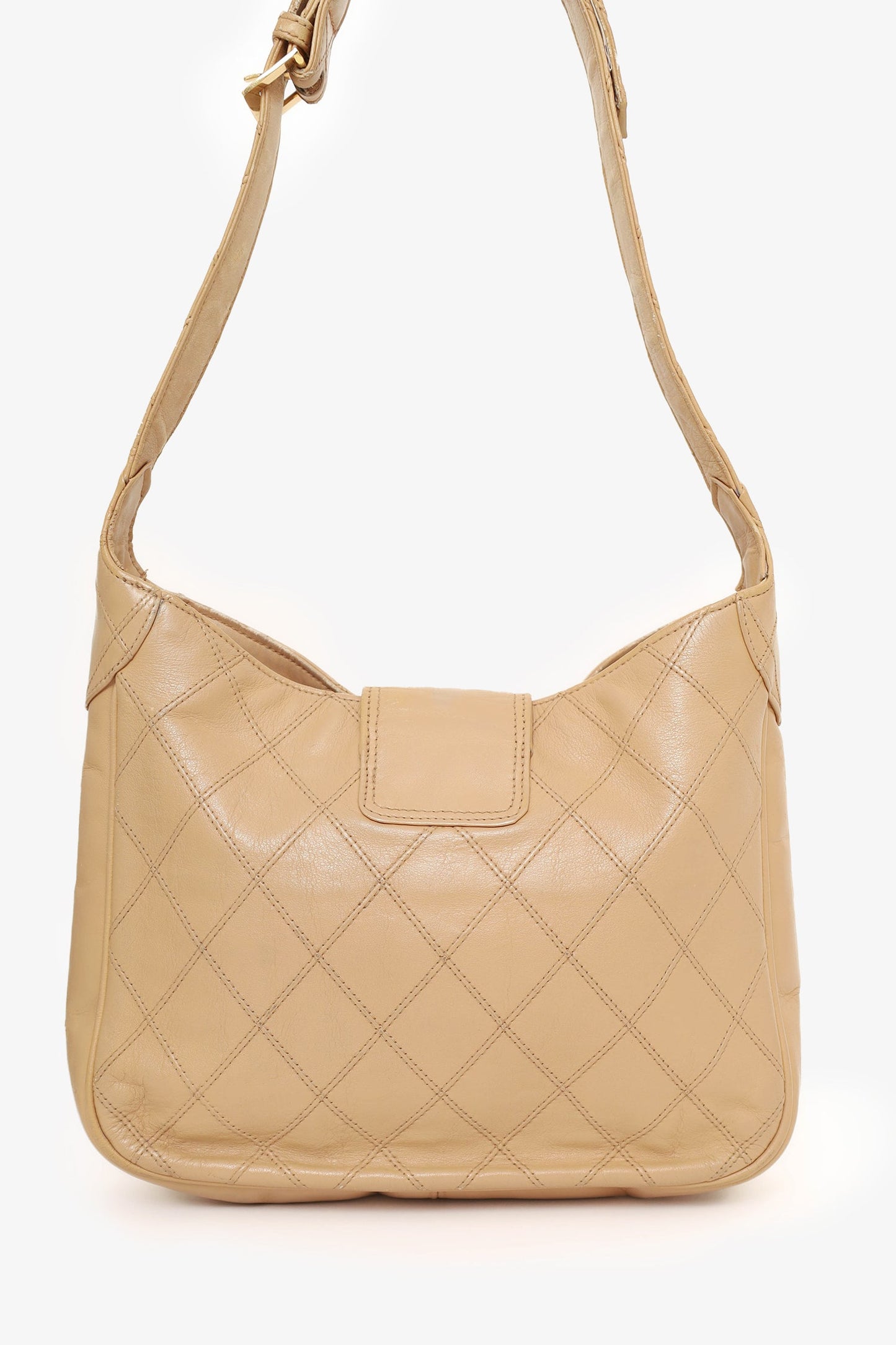 Pre-Loved Chanel™ 1986-88 Beige Quilted Lambskin CC Hobo Shoulder Bag with Pouch