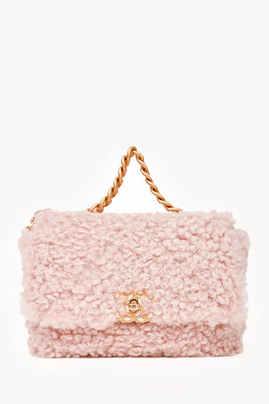 Pre-Loved Chanel™ 2021 Pink Shearling 'Chanel 19' Medium Flap Shoulder Bag