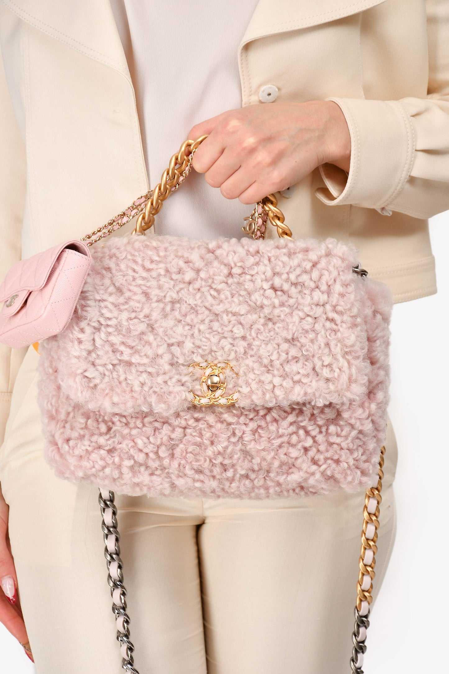 Pre-Loved Chanel™ 2021 Pink Shearling 'Chanel 19' Medium Flap Shoulder Bag