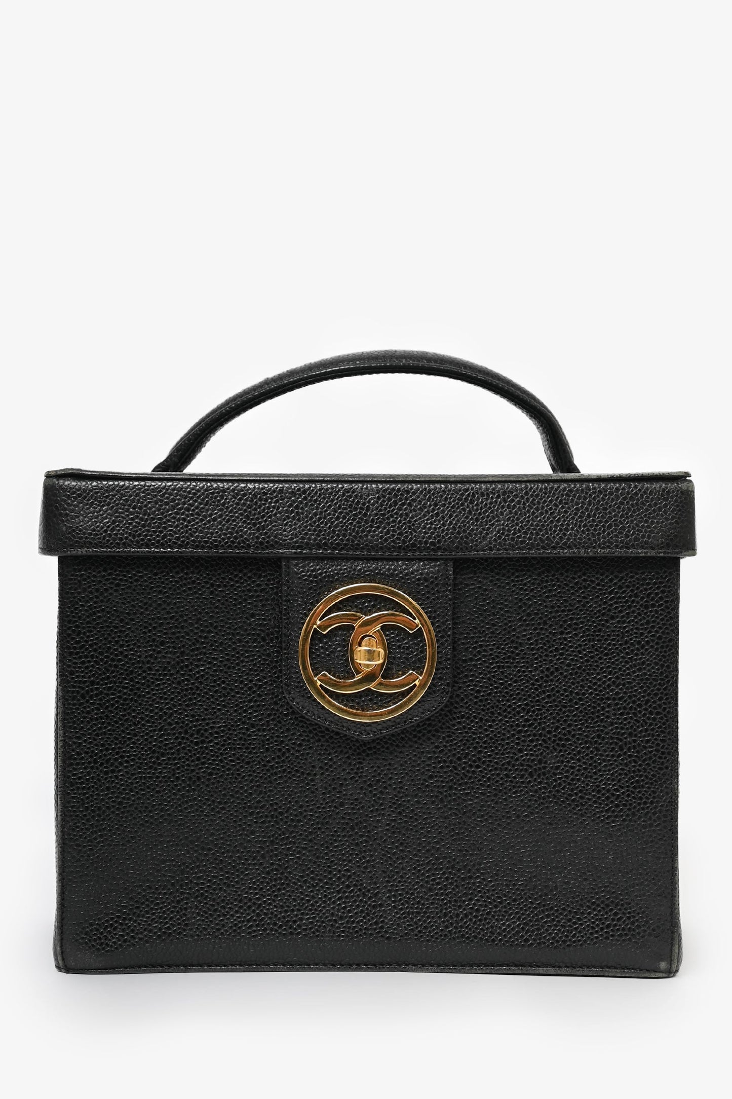 Pre-Loved Chanel™ 1991-94 Vintage Black Caviar Leather CC Box Vanity Makeup Case with Chain Strap (As Is)