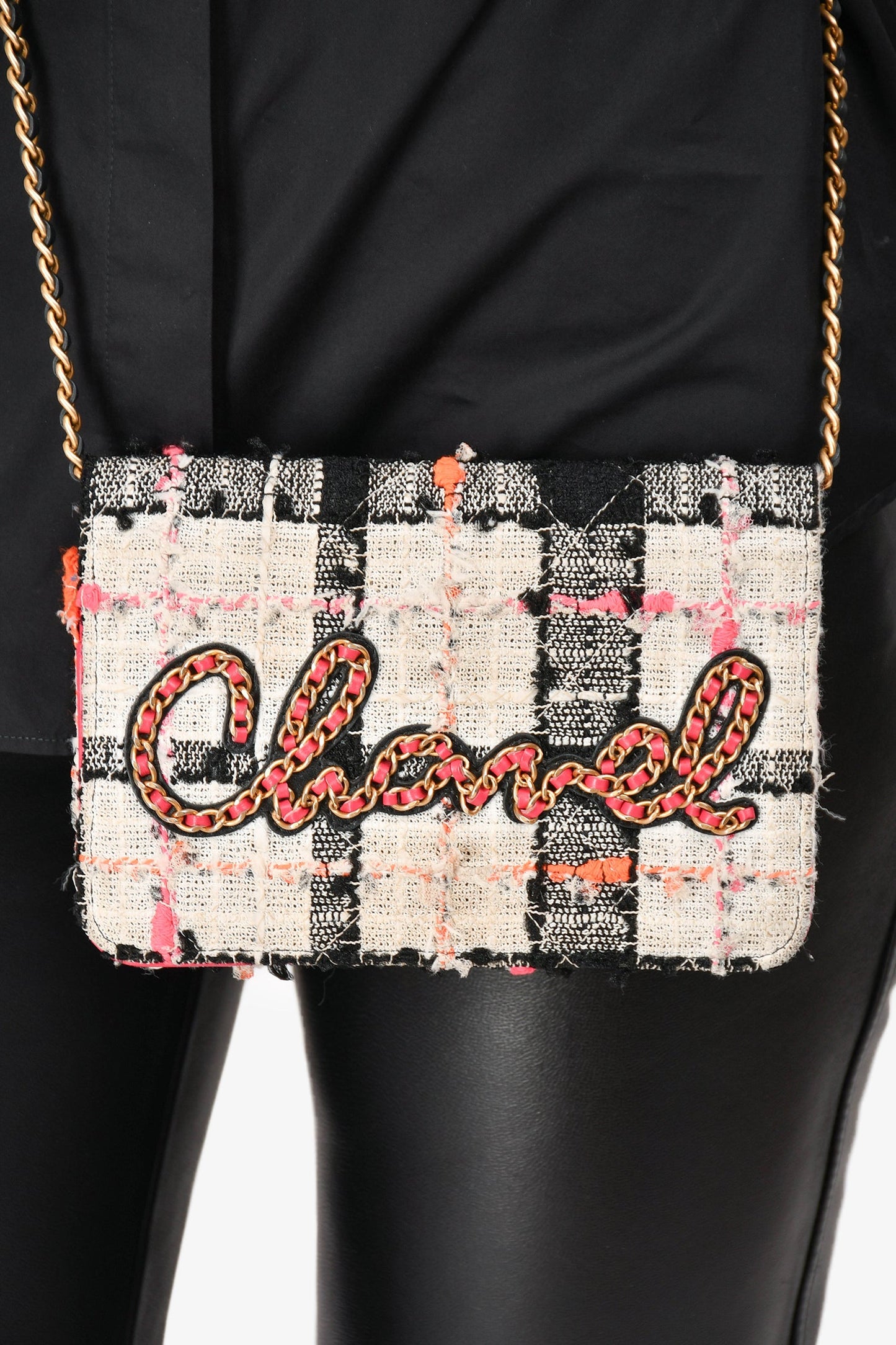 Pre-Loved Chanel™ 2019 Pink/Black/Cream Tweed Wallet On Chain