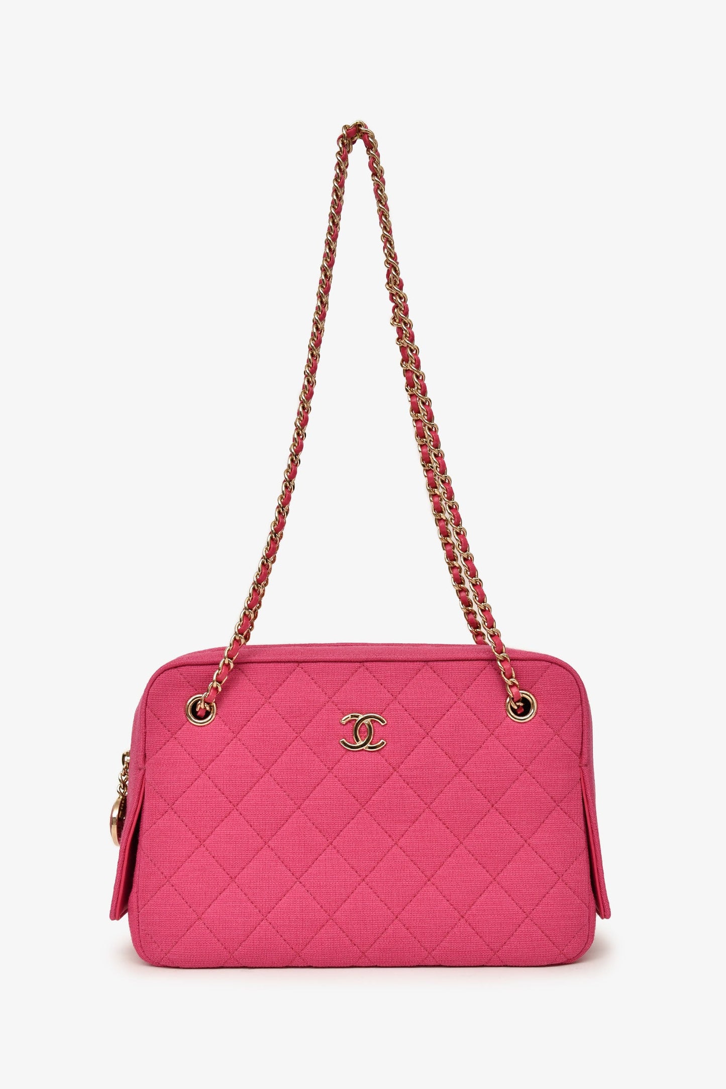 Pre-Loved Chanel™ 2019-20 Fuchsia Quilted Jersey Zip Double Chain Bag