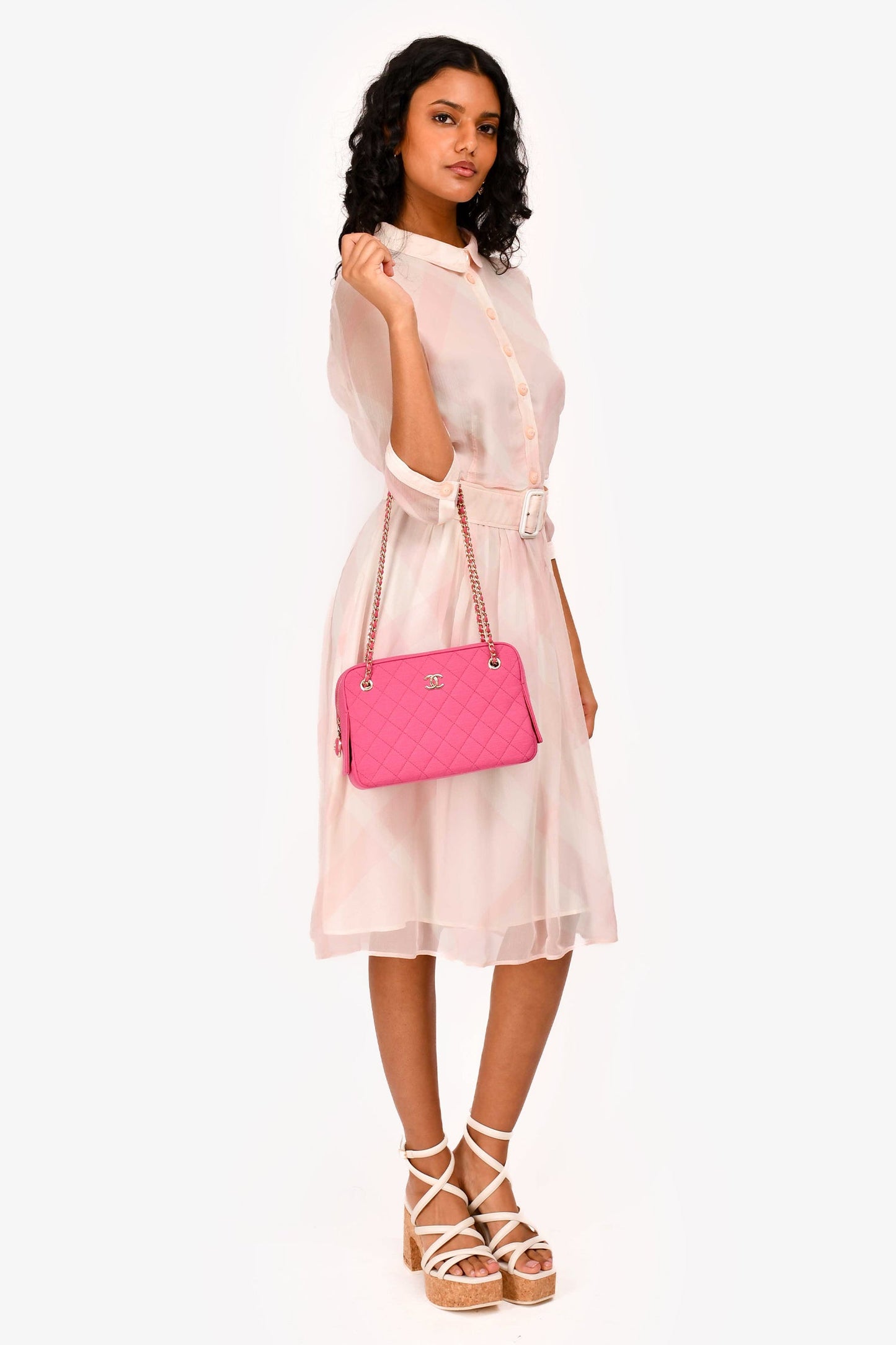 Pre-Loved Chanel™ 2019-20 Fuchsia Quilted Jersey Zip Double Chain Bag