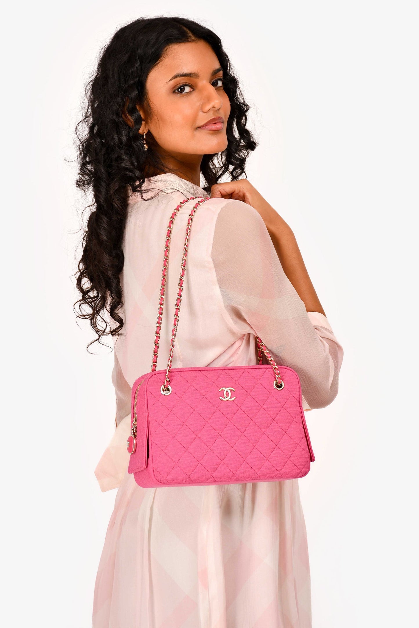 Pre-Loved Chanel™ 2019-20 Fuchsia Quilted Jersey Zip Double Chain Bag