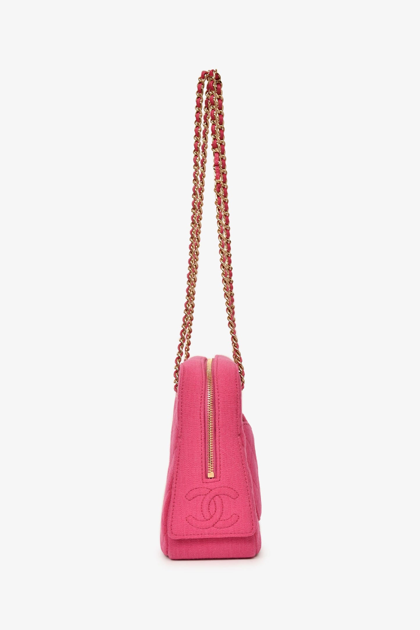 Pre-Loved Chanel™ 2019-20 Fuchsia Quilted Jersey Zip Double Chain Bag