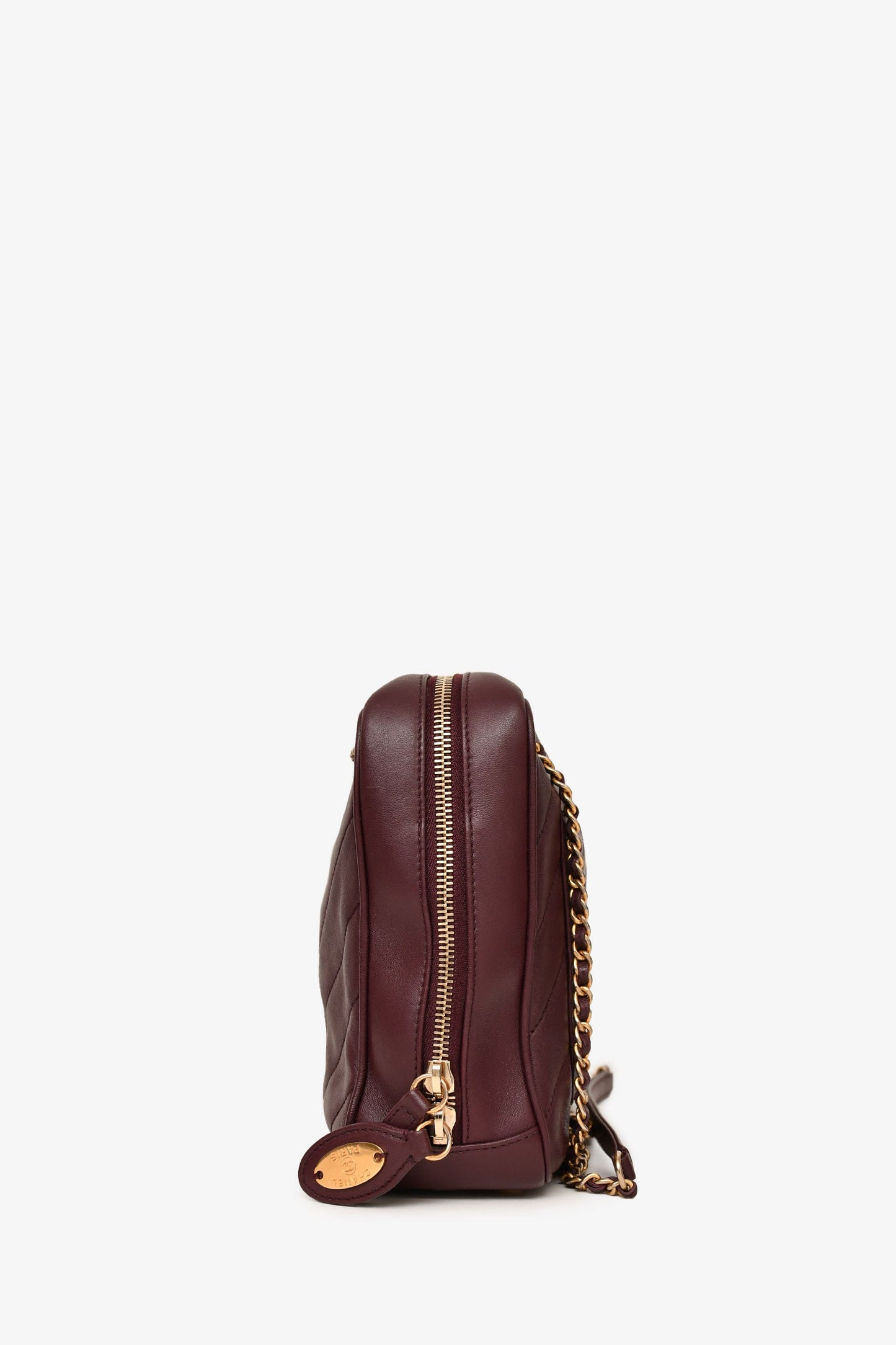 Pre-Loved Chanel™ 2015-16 Eggplant Purple Diagonal Leather Camera Case Double Chain Shoulder Bag