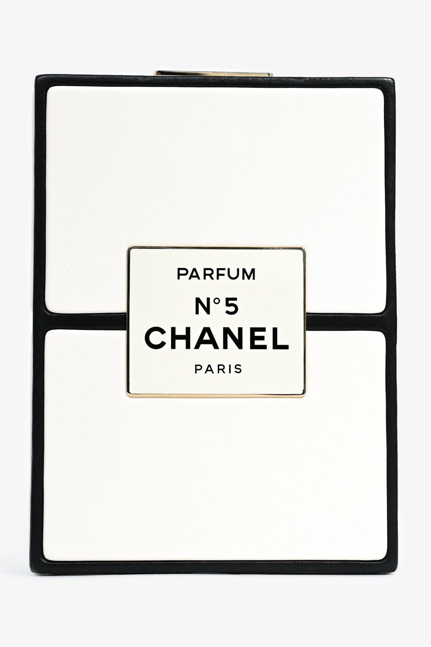 Pre-Loved Chanel™ Black/White Leather No. 5 Perfume Clutch Evening Clutch