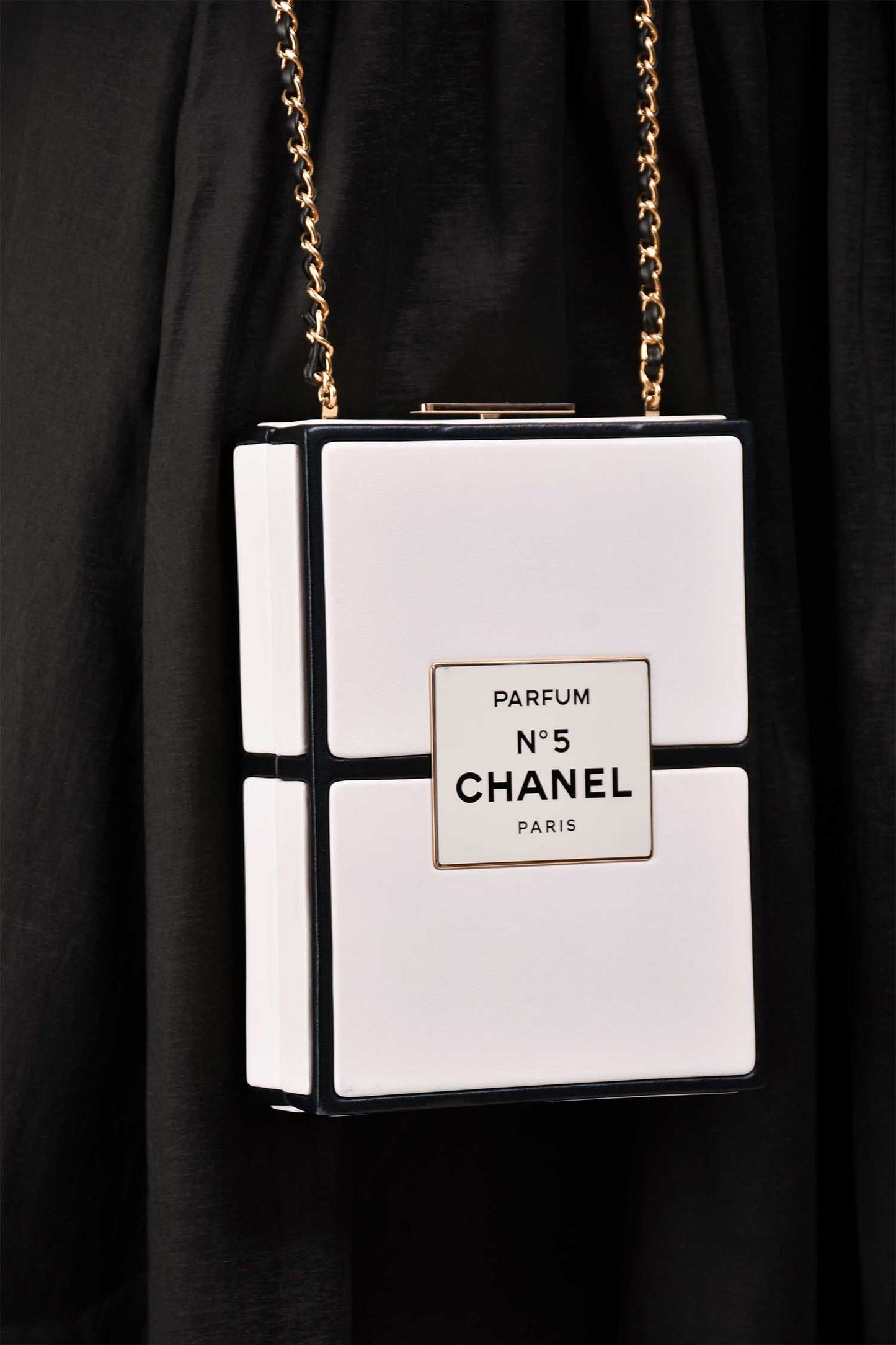 Pre-Loved Chanel™ Black/White Leather No. 5 Perfume Clutch Evening Clutch