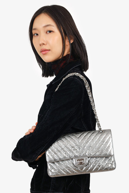 Pre-Loved Chanel™ 2018 Silver Metallic Patent Crumpled Calfskin Chevron Quilted Medium Double Flap