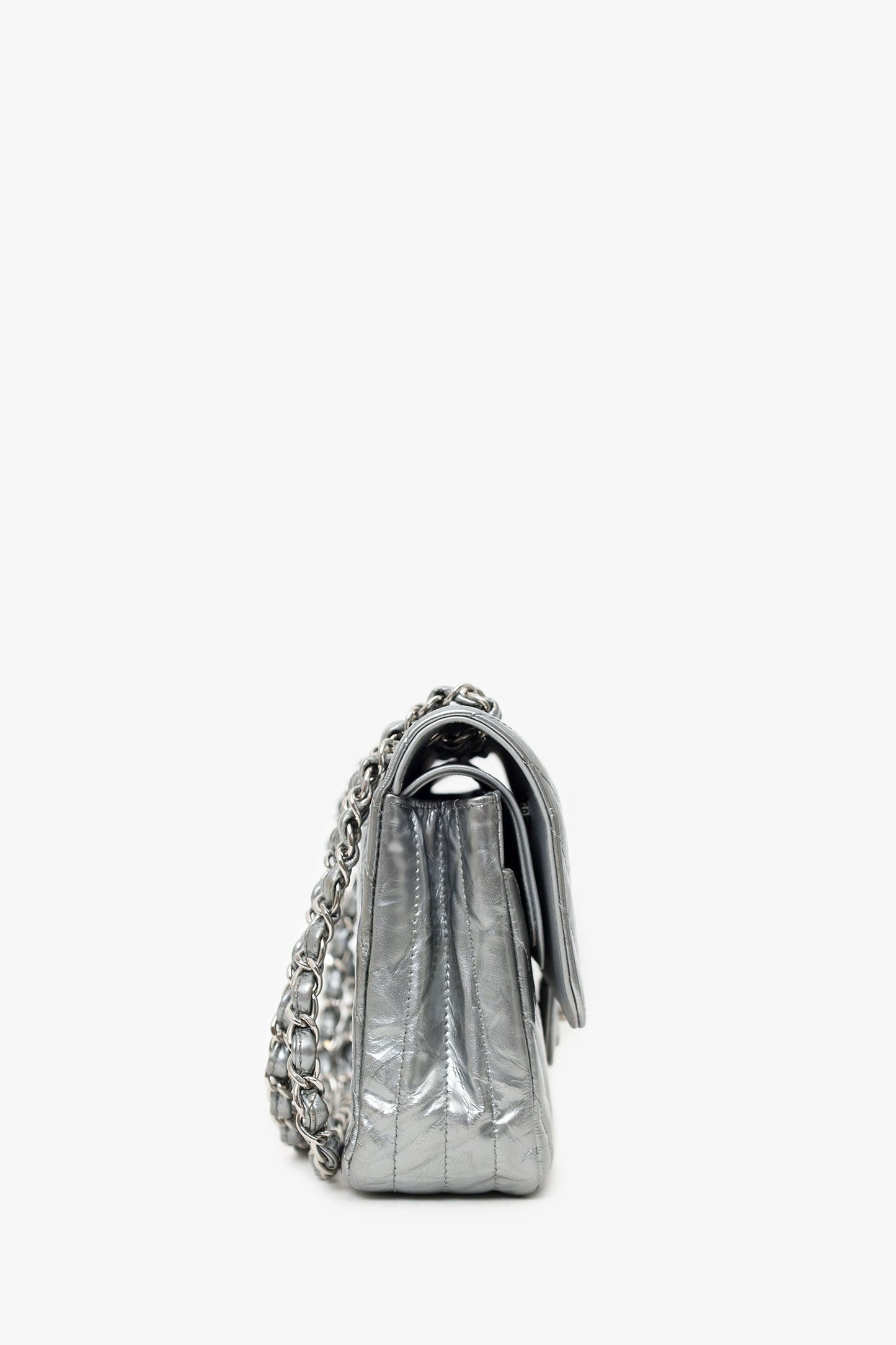 Pre-Loved Chanel™ 2018 Silver Metallic Patent Crumpled Calfskin Chevron Quilted Medium Double Flap