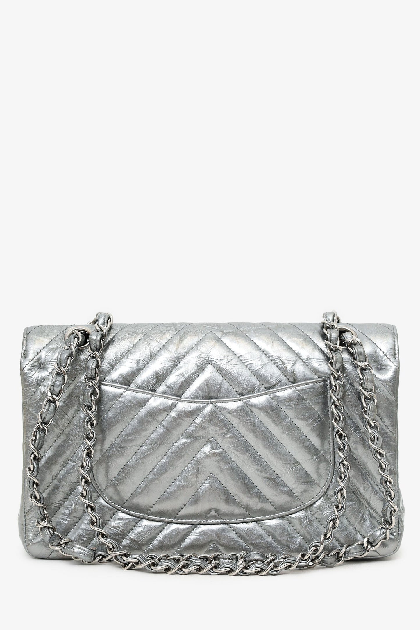 Pre-Loved Chanel™ 2018 Silver Metallic Patent Crumpled Calfskin Chevron Quilted Medium Double Flap