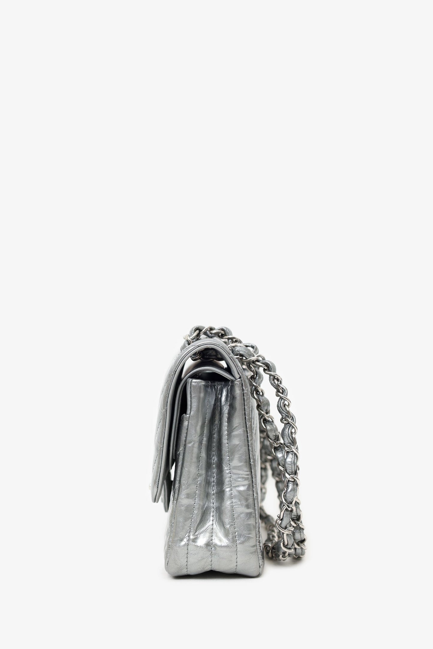 Pre-Loved Chanel™ 2018 Silver Metallic Patent Crumpled Calfskin Chevron Quilted Medium Double Flap