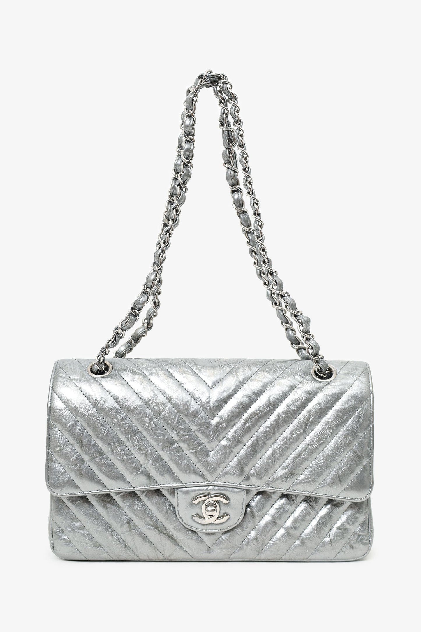 Pre-Loved Chanel™ 2018 Silver Metallic Patent Crumpled Calfskin Chevron Quilted Medium Double Flap