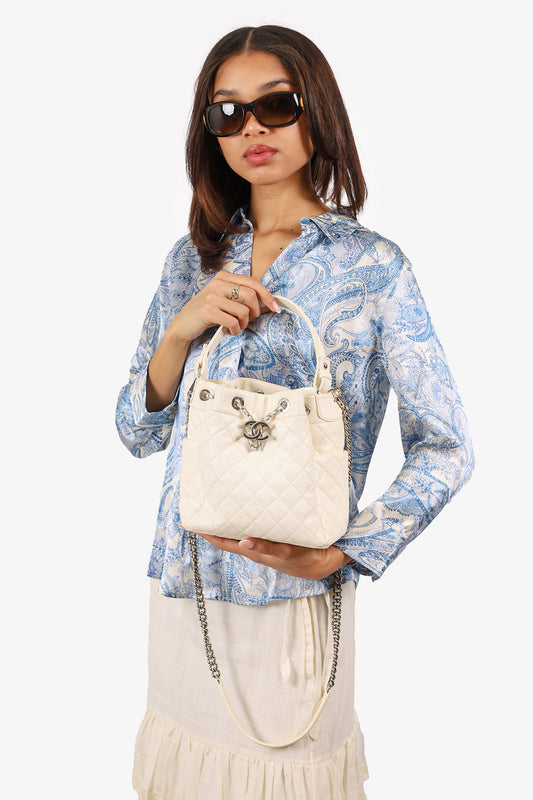 Pre-Loved Chanel™ 2019-20 Cream Caviar Leather CC Chain Drawstring Bucket Bag