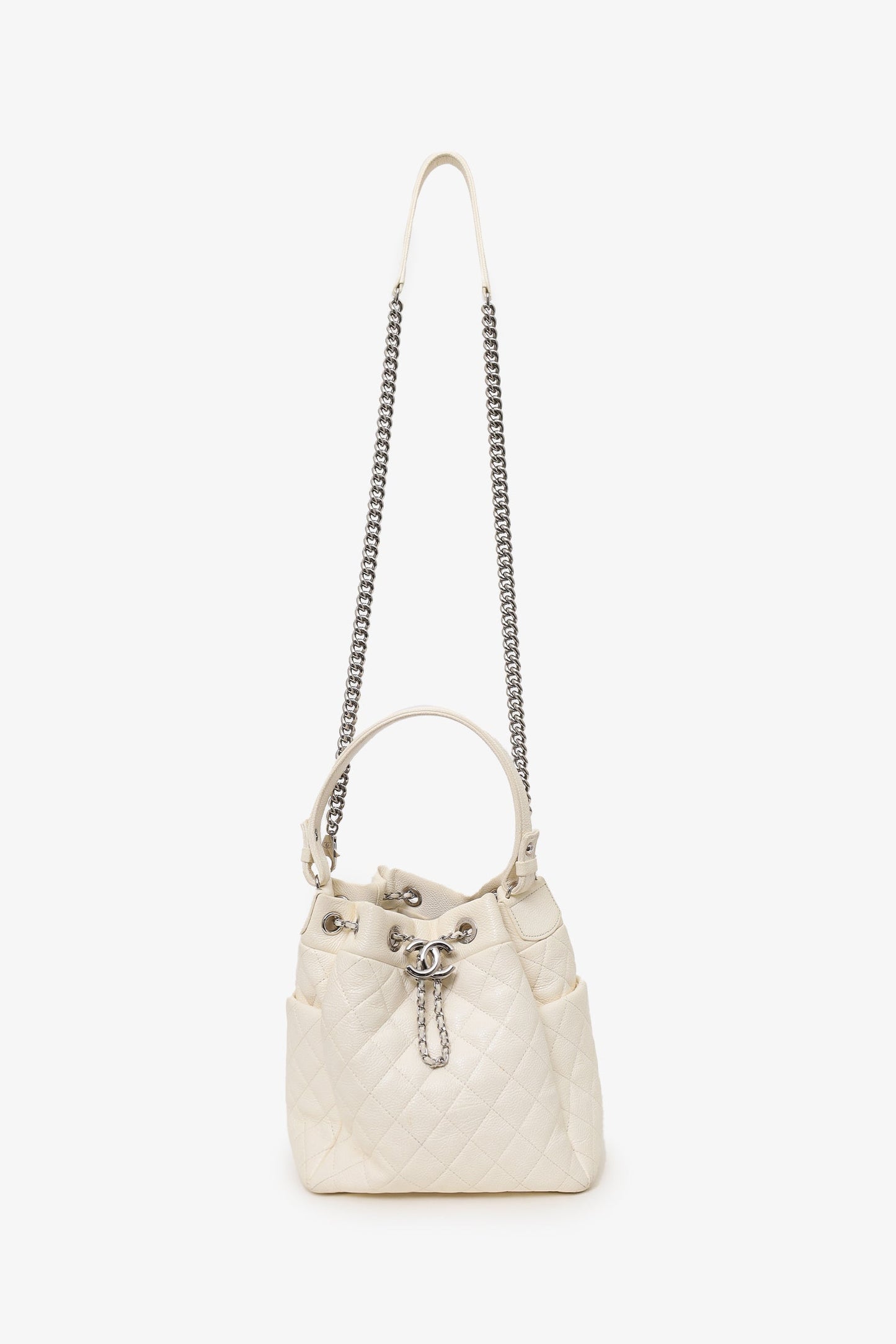 Pre-Loved Chanel™ 2019-20 Cream Caviar Leather CC Chain Drawstring Bucket Bag