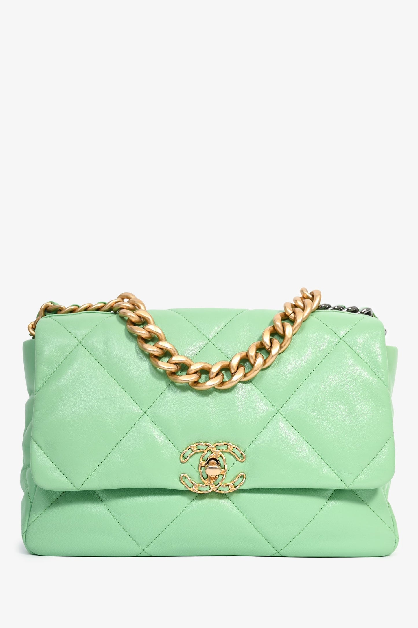 Pre-Loved Chanel™ Green Leather Large 19 Flap Shoulder Bag