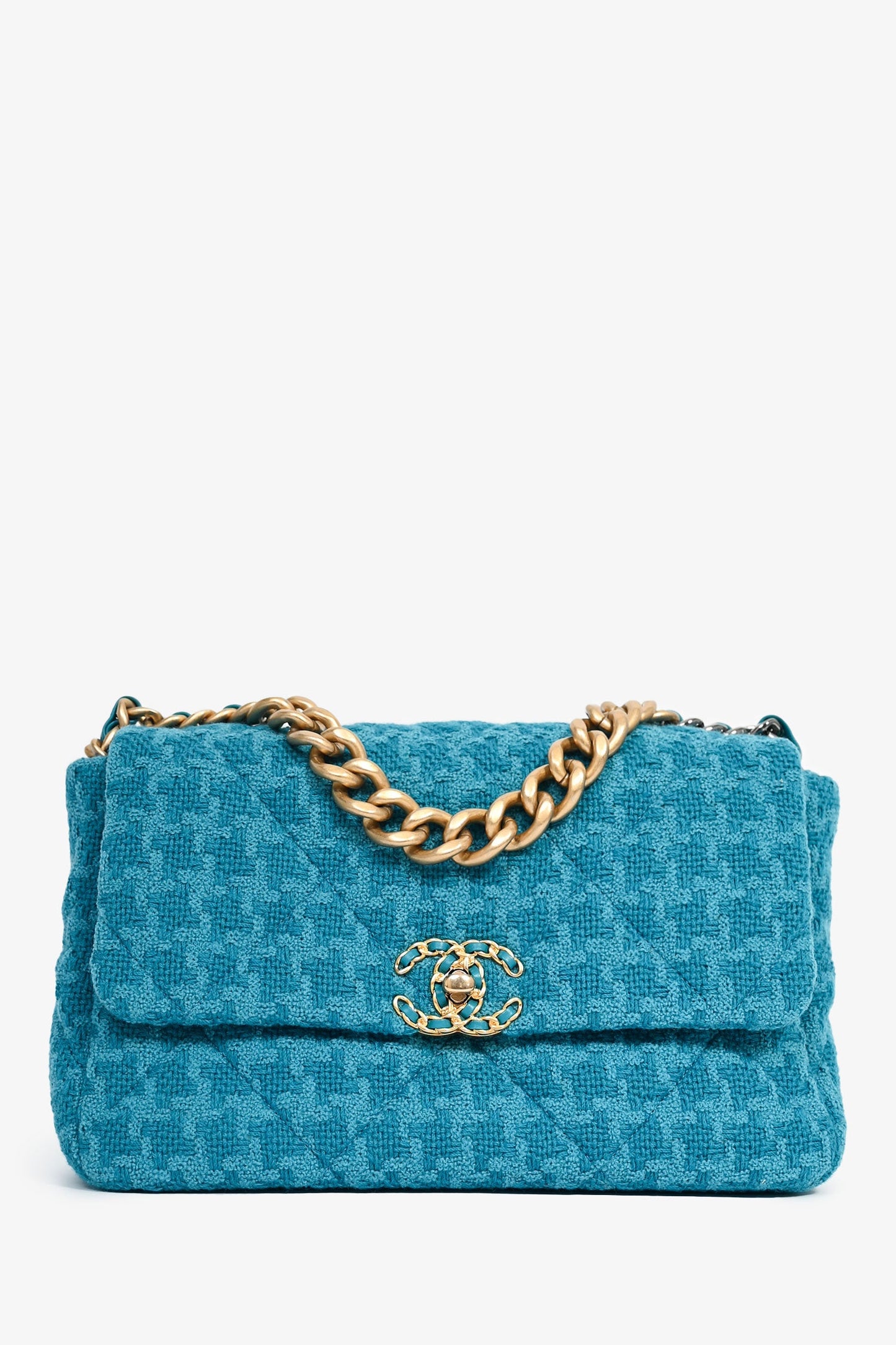 Pre-Loved Chanel™ Blue Houndstooth Tweed Large 19 Flap Shoulder Bag