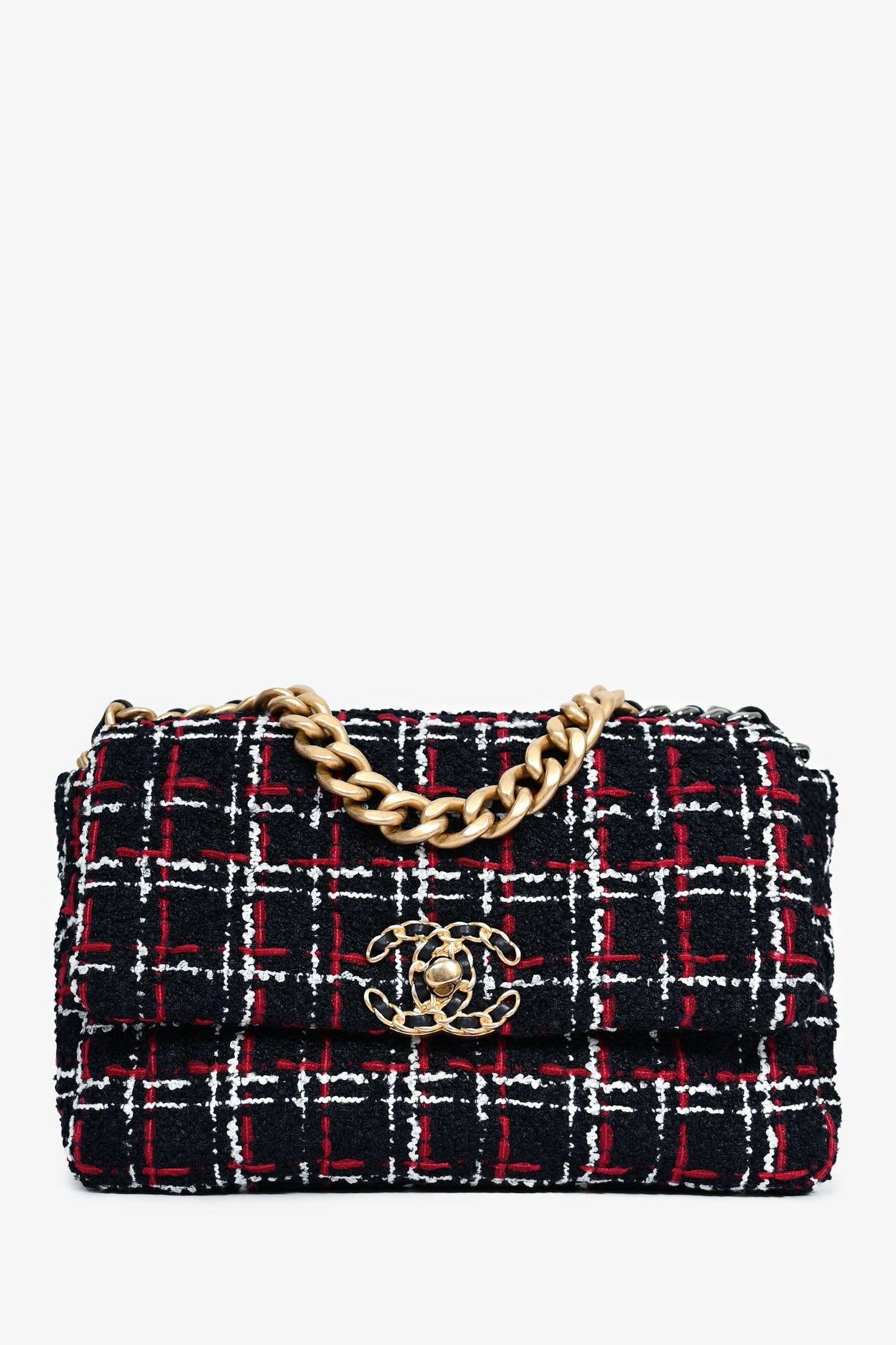 Pre-Loved Chanel™ Black/Red/White Tweed Medium 19 Flap Shoulder Bag