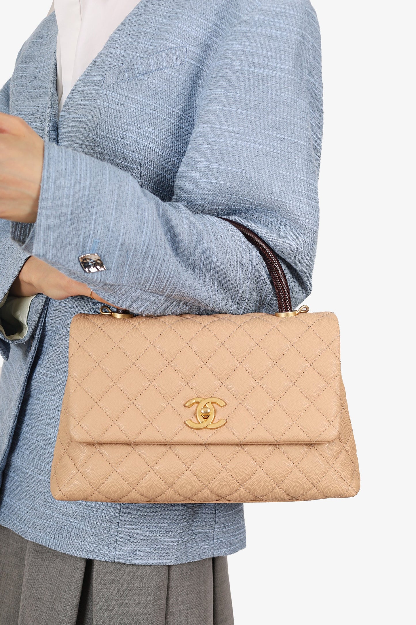 Pre-Loved Chanel™ 2019-20 Beige Caviar Leather Small Coco Handle with Strap