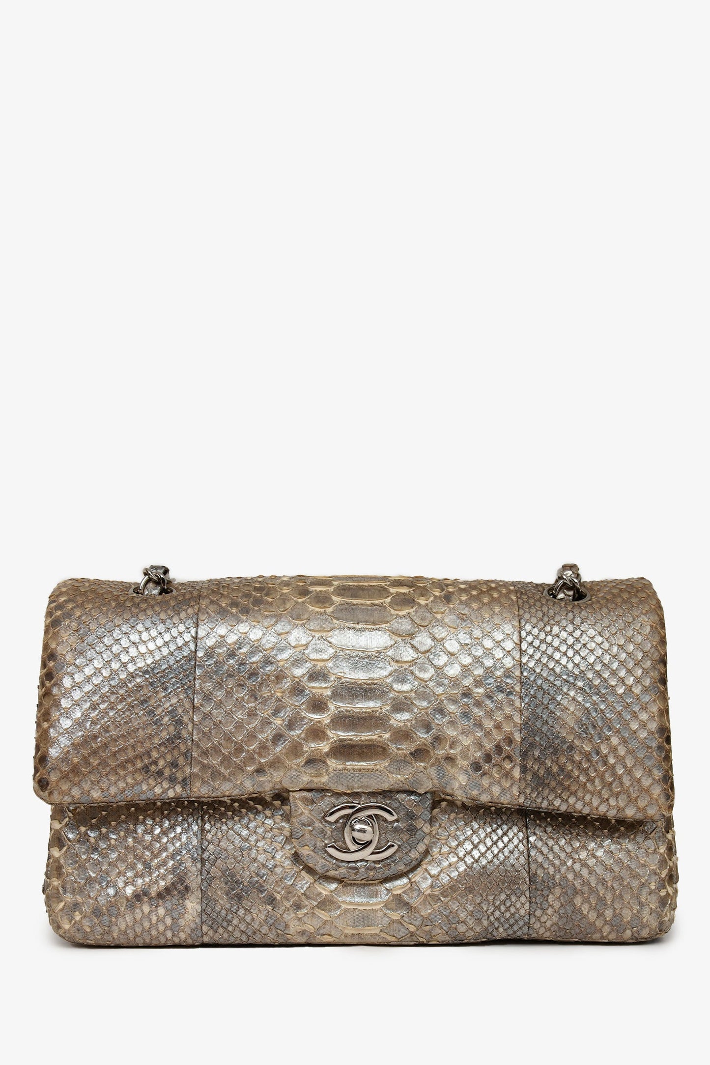 Pre-Loved Chanel™ 2012 Silver Metallic Python Leather Classic Double Flap
