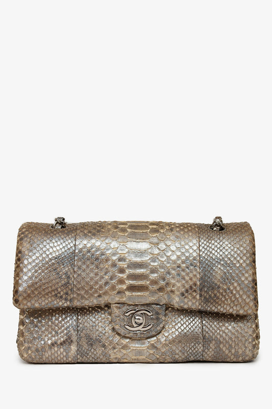 Pre-Loved Chanel™ 2012 Silver Metallic Python Leather Classic Double Flap