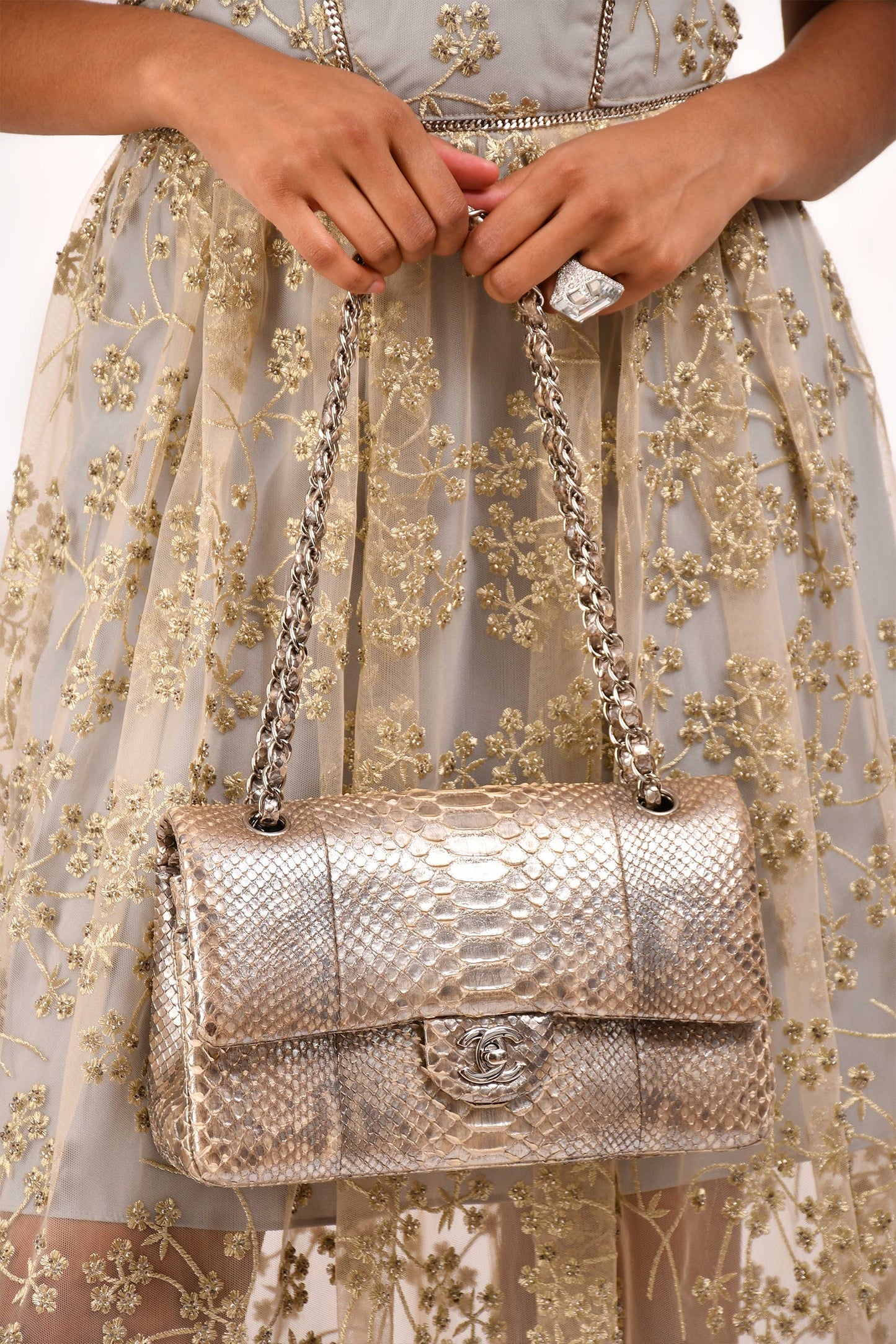 Pre-Loved Chanel™ 2012 Silver Metallic Python Leather Classic Double Flap