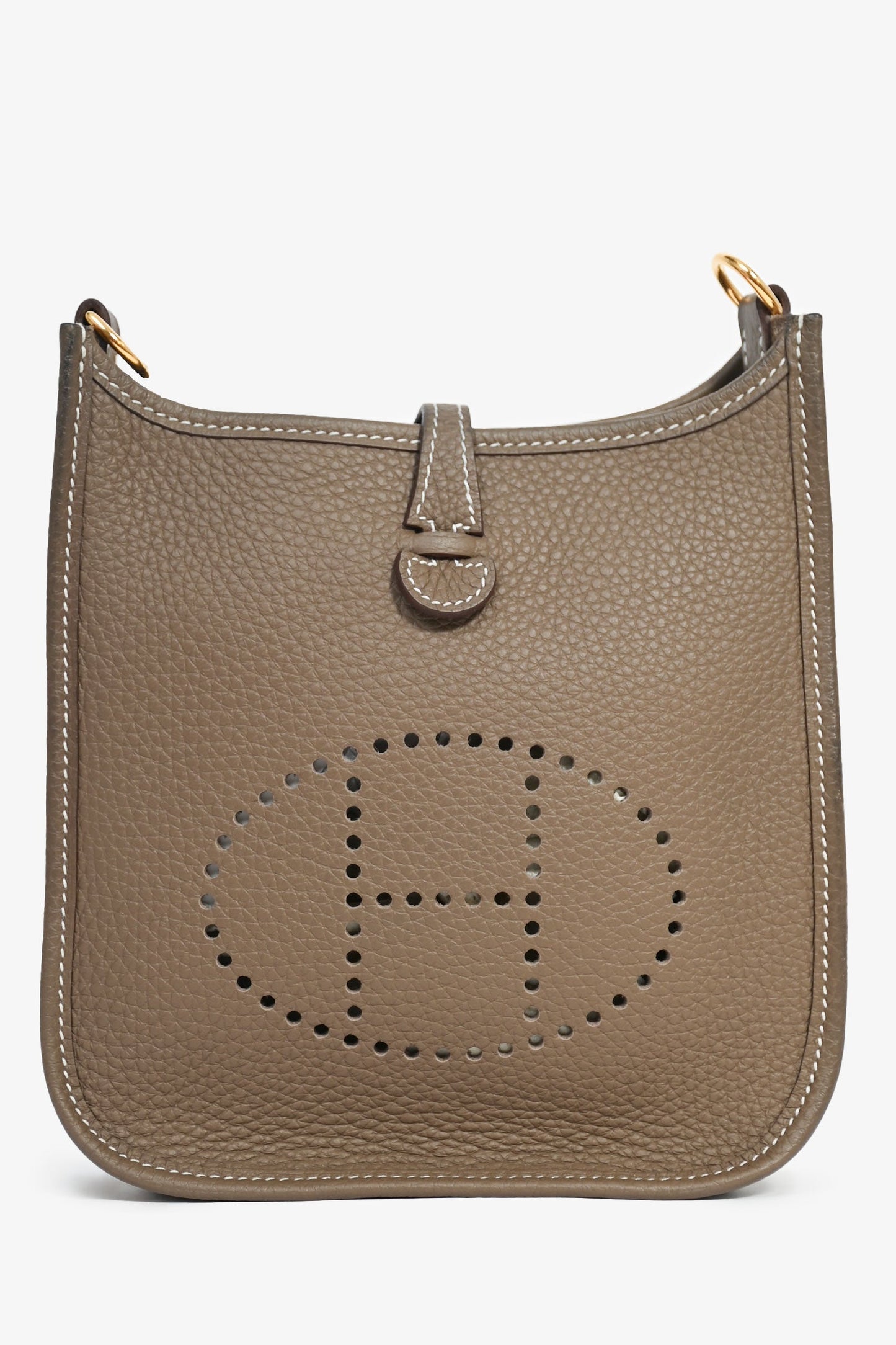 Hermès 2023 Etoupe Clemence Leather Evelyne 16 TPM Crossbody with Navy Blue Strap