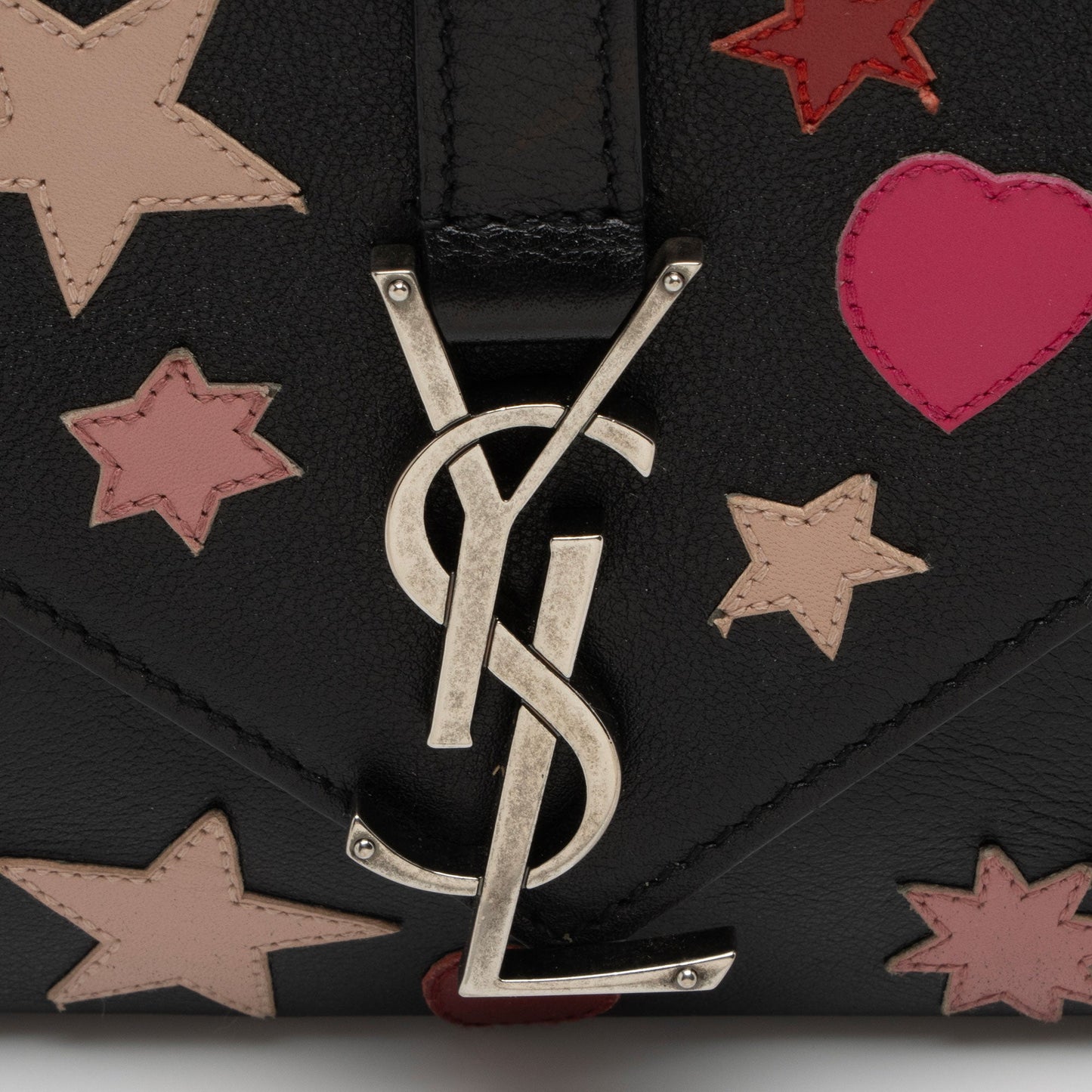 Saint Laurent Calfskin Heart Patchwork Monogram Chain Wallet (SHF-jEB9si)