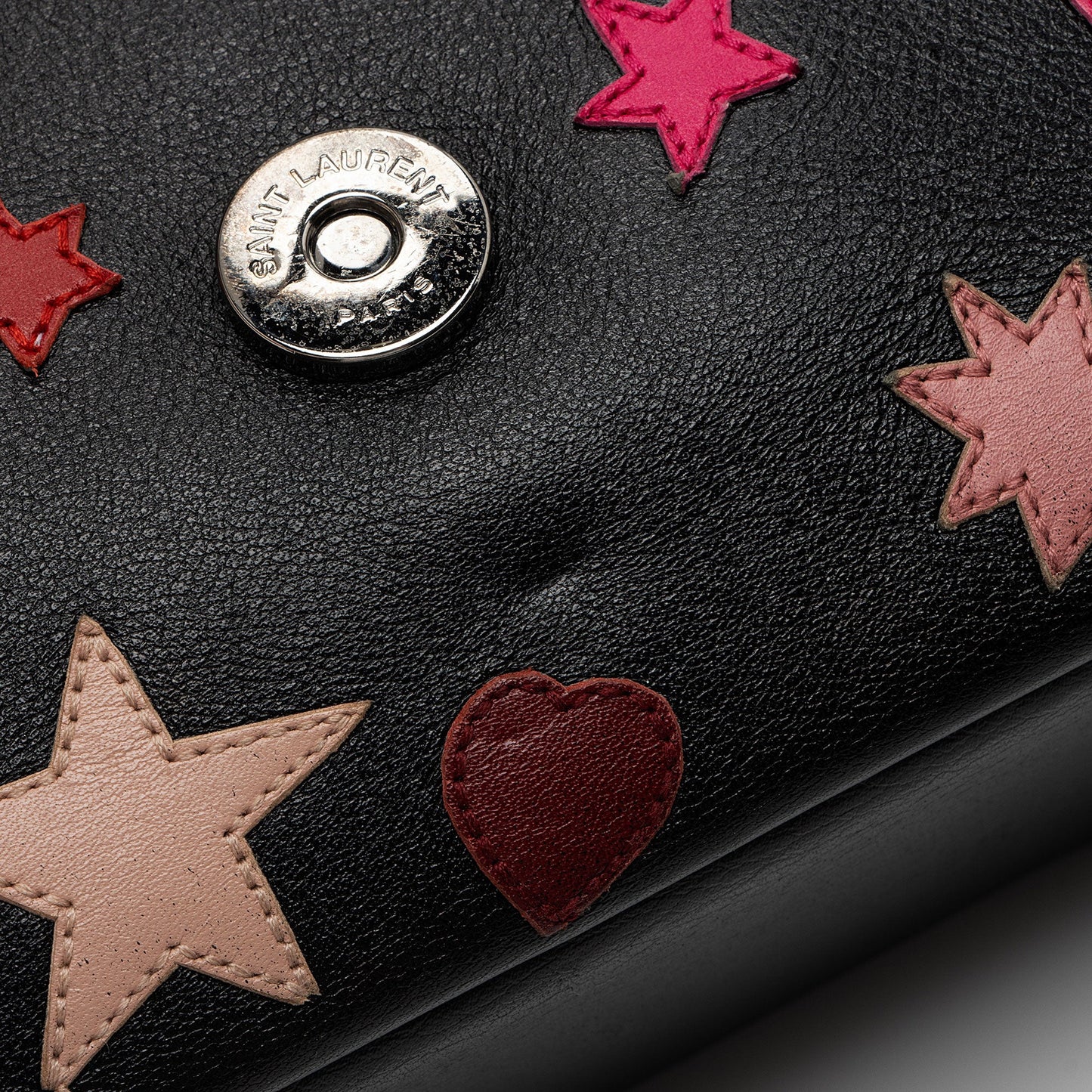 Saint Laurent Calfskin Heart Patchwork Monogram Chain Wallet (SHF-jEB9si)