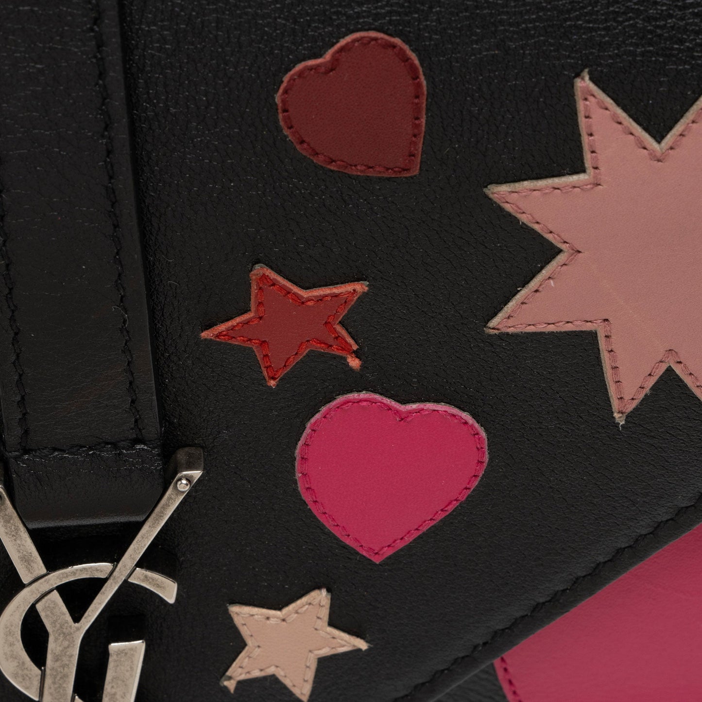 Saint Laurent Calfskin Heart Patchwork Monogram Chain Wallet (SHF-jEB9si)