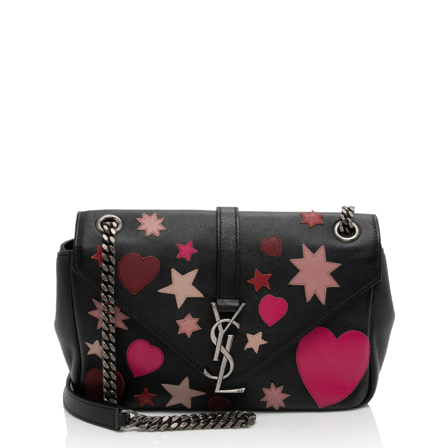 Saint Laurent Calfskin Heart Patchwork Monogram Chain Wallet (SHF-jEB9si)